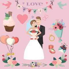 The Bride and Groom wedding couple with wedding elements 