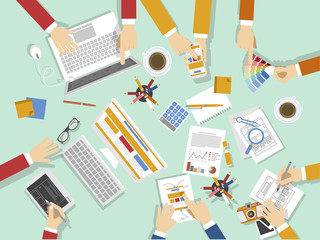 Designer team work with isolated elements in top view