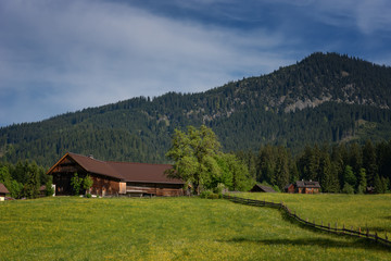 Fototapeta na wymiar Colorful outdoor scene in the Austrian Alps. Summer sunny day in the Gosau village on the Grosse Bischofsmutze mountain range, Austria, Europe. 