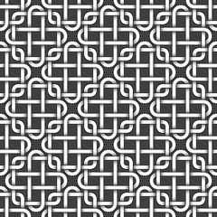 Abstract repeatable pattern background of white twisted strips bands with black strokes. Swatch of intertwined bands in squares and crosses form. Seamless pattern in vintage style.