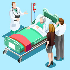 Flat 3D illustration Isometric interior of hospital room. Doctors treating the patient. Hospital clinic interior operation ward cells flat 3d isometry isometric concept web vector illustration.