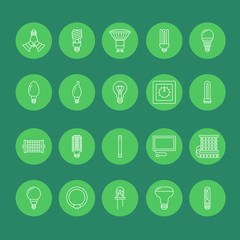 Light bulbs flat line icons. Led lamps types, fluorescent, filament, halogen, diode and other illumination. Thin linear signs for idea concept, electric shop. Green color.