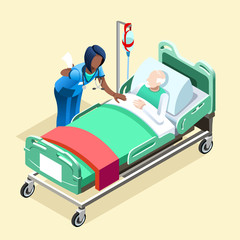 Medical team group of black female nurse or doctor talking to elderly patient in bed. Hospitalization concept with isometric people vector hospital team illustration in flat design - 162356254