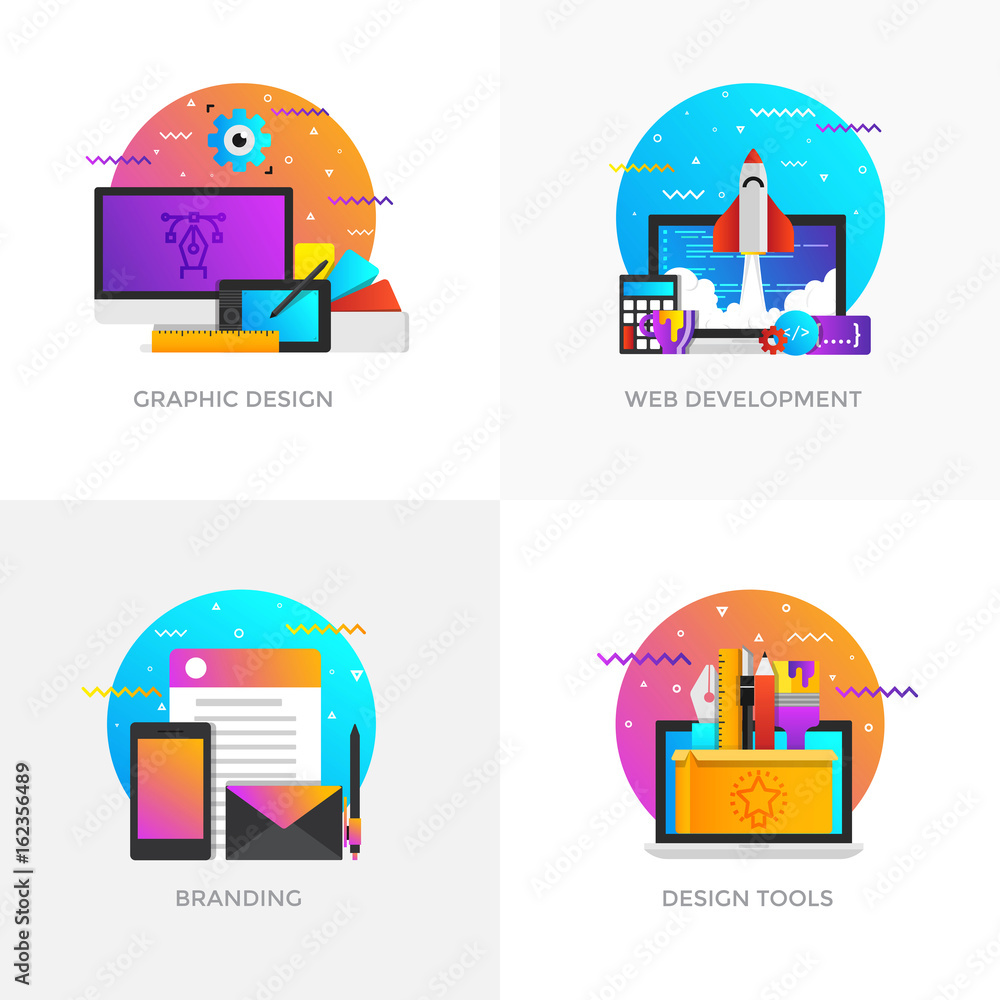 Aufkleber flat designed concepts - graphic design, web development, branding and design tools