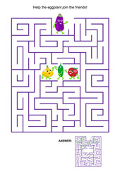 Maze game with cute vegetable characters: Help the eggplant join the friends. Answers included. Suitable for Thanksgiving Day holiday celebration fun activities.