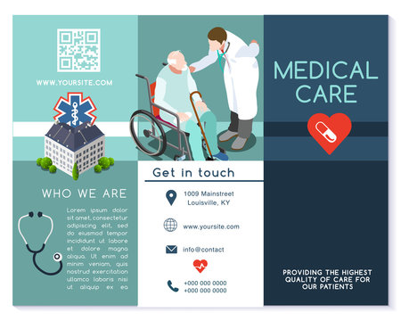 Vector medical clinic trifold brochure simply modern design with clean blue and white background. Flat isometric people elements like hospital professional staff nurse or doctor talking with patient
