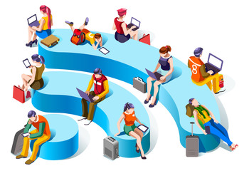 Fototapeta premium Wi-fi Connecting people and social media graphic vector template with flat isometric elements people and smartphone devices illustration
