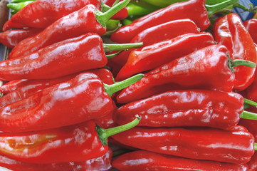 Organic and delicious fresh garden red paprika at a farmer market
