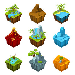 Fantasy isometric islands with vulcans, different plants and rivers. Interface elements in cartoon style. Vector pictures for computer games