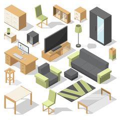 Furniture set for bed room. Vector isometric elements for modern home