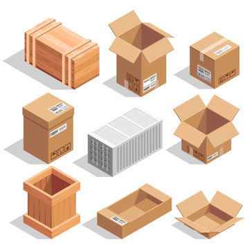 Different big delivery packages. Warehouse or shipping closed and opening boxes. Isometric vector illustrations