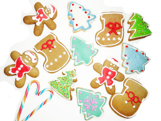 christmas cookies gingerbread and decoration on wooden background
