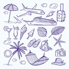 Summer hand drawn elements. Sun, umbrella, backpack and other symbols of funny vacations. Vector doodles set