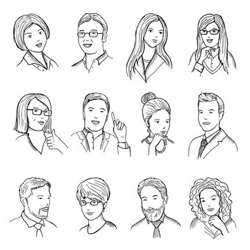 Male and female hand drawn illustrations for pictograms or web avatars. Different business faces with funny emotions. Vector pictures set