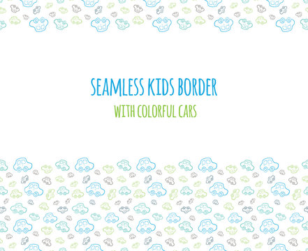 Set of vector seamless baby boy border with hand drawn cars. Elements for design kids banner, flyer, background, wallpaper, card and others.