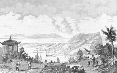 View of Hangchow (Hangzhou) harbour  China. Date: circa 1840