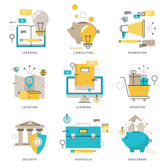 Infographics icons collection for e-learning, online shopping, delivery service, banking, marketing, promotion, financial security vector illustration. Line icons set. Flat design web graphic elements