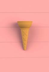 Sweet wafer cone on red wooden board, 3D rendering