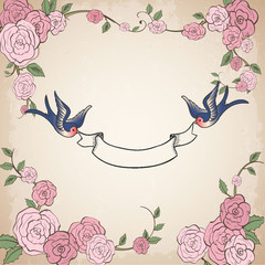Frame with swallows and roses vector in cute style