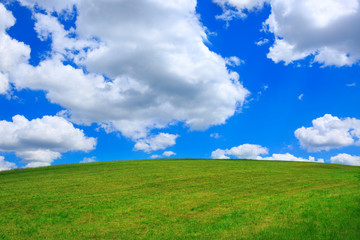 Obraz na płótnie Canvas Blue sky with clouds and green field.