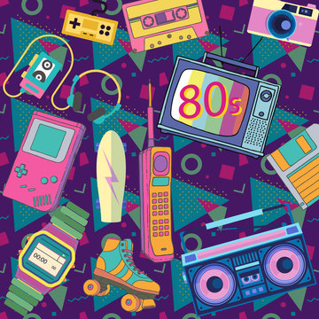 Eighties 80s isolated objects in retro style