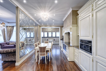 Modern design white kitchen in a spacious apartment.