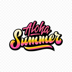 Aloha Summer Abstract Vector Hand Lettering Sign or Poster. Pink Yellow Gradient.