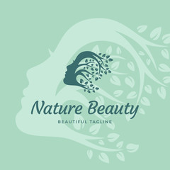 Nature Beauty Abstract Vector Sign, Emblem or Logo Template. Beautiful Woman Face with Curly Hair of Branches with Leafs. Silhouette Style Symbol with Typography. Creative Background