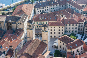 Top view of Kotor. Roof tops of old town Kotor: chirch and houses