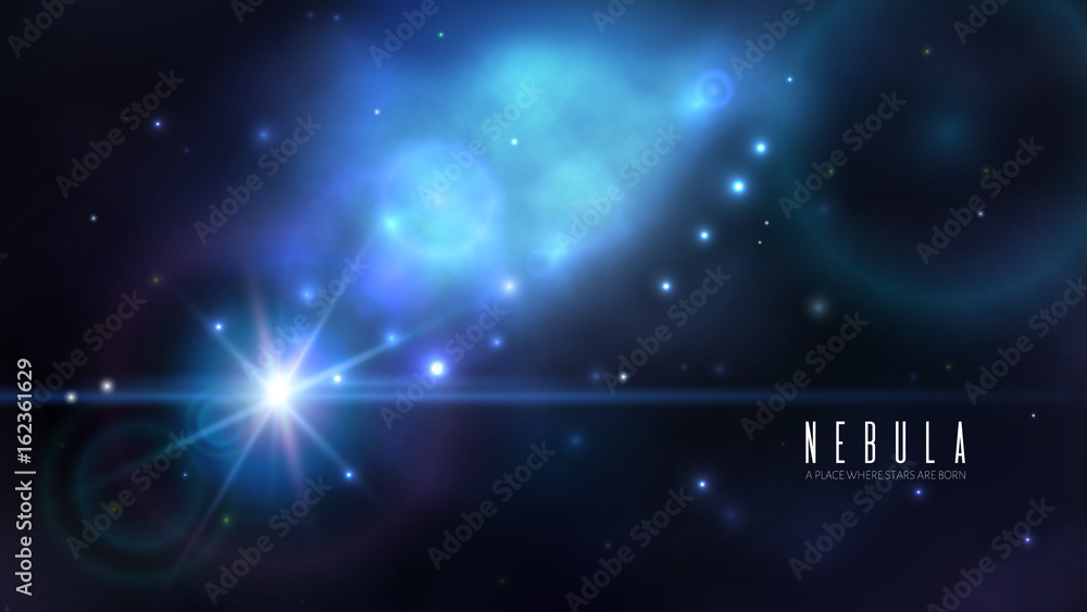 Wall mural vector space background with dark blue nebula and bright stars. fantasy scientific astronomical illu