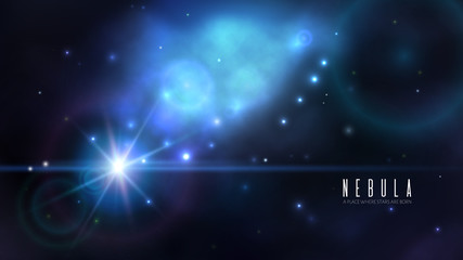 Vector space background with dark blue nebula and bright stars. Fantasy scientific astronomical illustration.