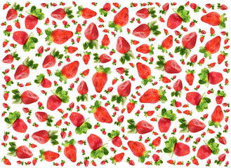 Ripe red strawberry textured frame isolated on white background. Top view. Flat lay.