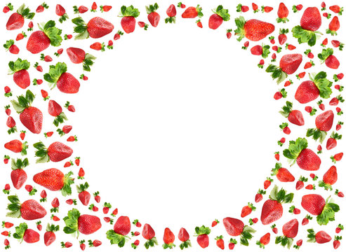 Ripe red strawberry textured circle frame isolated on white background. Top view. Flat lay.