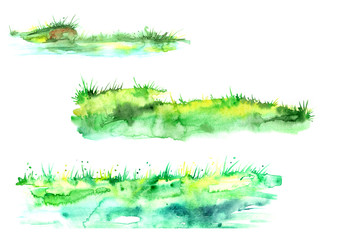Watercolor set of green grass, landscape on a white background. Vintage drawing for your design.