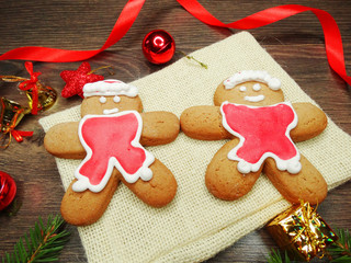 christmas cookies gingerbread and decoration on wooden background