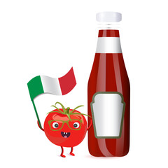 Vector illustration: Tomato Character and Tomato Sauce Bottle. Tomato mascot holding italian flag. Italian sauce advertising or promotion template.