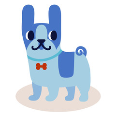 Cute cartoon blue bulldog with a bow isolated on white background. Simple modern flat style vector illustration.