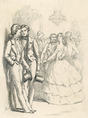 Fototapeta na wymiar Gents at a Ball. Date: 1850