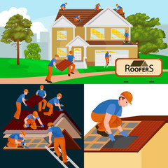 Obraz na płótnie Canvas roof construction worker repair home, build structure fixing rooftop tile house with labor equipment, roofer men with work tools in hands outdoors renovation residential vector illustration