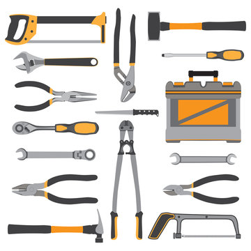 Construction repair tools flat icon set. Bench, small tools isolated on white background. Vector illustration.