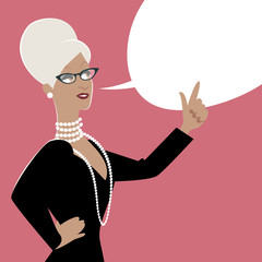 Business woman and empty speech balloon. Cartoon style