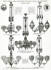 Polished brass and florentine bronzed chandeliers 1881 . Date: 1881