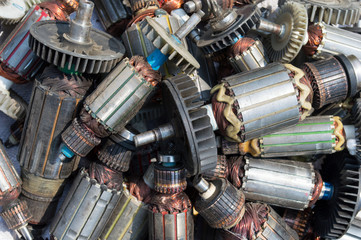 Many old used Rotor of electric motor background