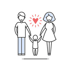 Vector sign of traditional family - mom, dad, and son hold hands. A flat isolated pictogram on white background.