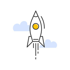 Vector sign of the rocket flying in clouds. A flat isolated pictogram on white background.