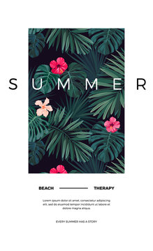 Tropical vector postcard design with bright hibiscus flowers and exotic palm leaves on dark background. Space for text.