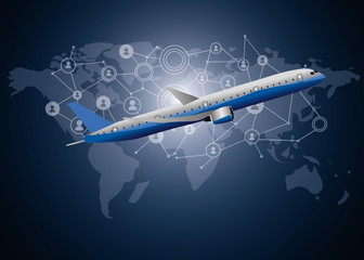 Social network concept. Mixed media plane flight on the map. Rest, fly by plane across countries.