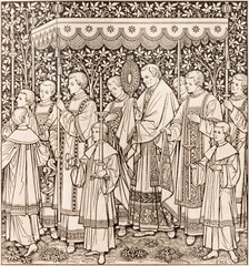 BRATISLAVA, SLOVAKIA, NOVEMBER - 21, 2016: The lithography of The feast of  The Most Holy Body and Blood of Christ procession by unknown artist F.M.S  (1889) and printed by Typis Friderici Pustet. © Renáta Sedmáková