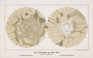 Schiaparelli's two hemispheres of the planet Mars. Date: 1881/2