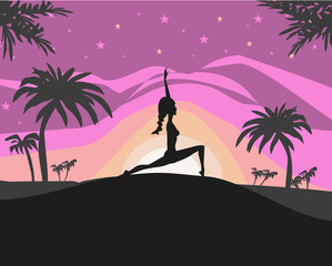 Silhouette woman practicing yoga on the beach at sunset.